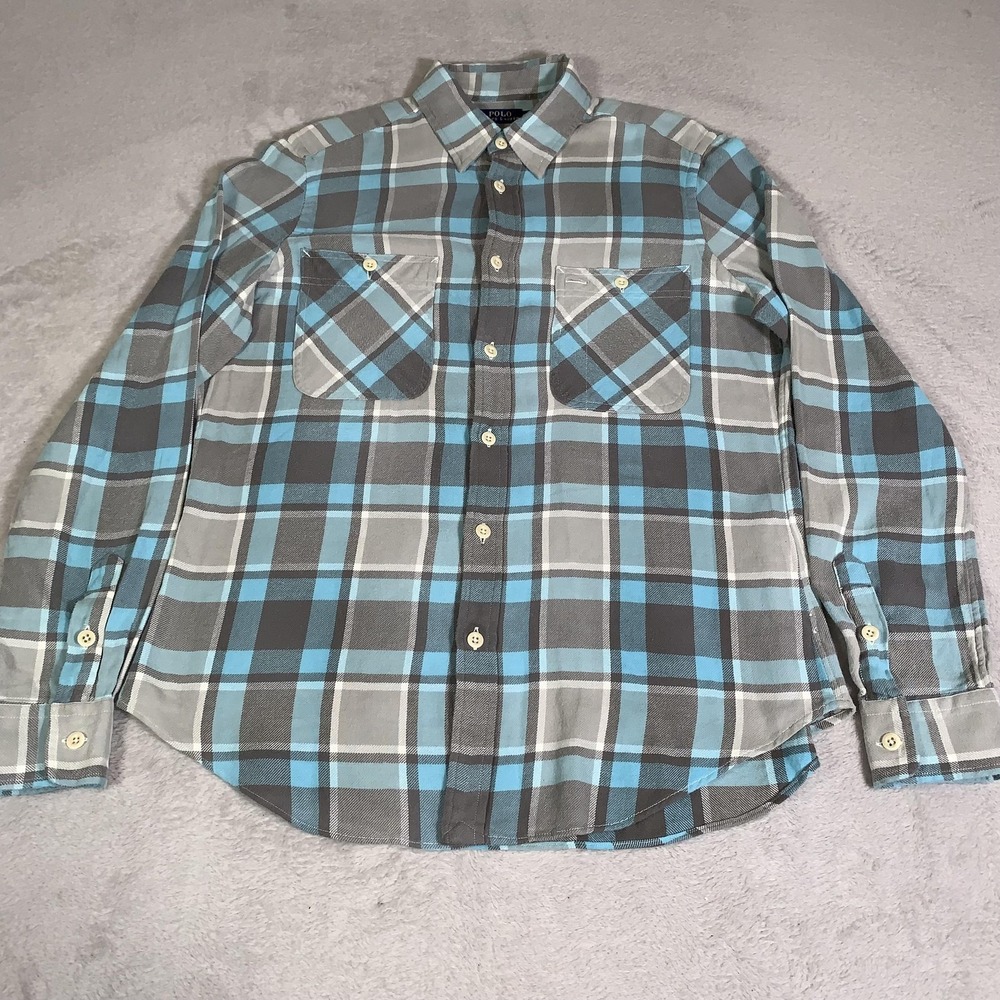 Polo Ralph Lauren Shirt Womens L Gray Blue Plaid Flannel Long Sleeve 2 Pockets - Picture 3 of 12